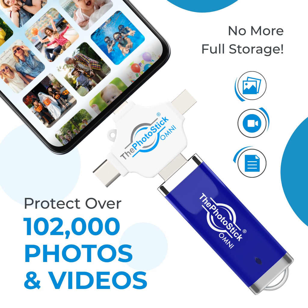 ThePhotoStick® Omni 256GB Photo Backup for iPhone, Android and Computers