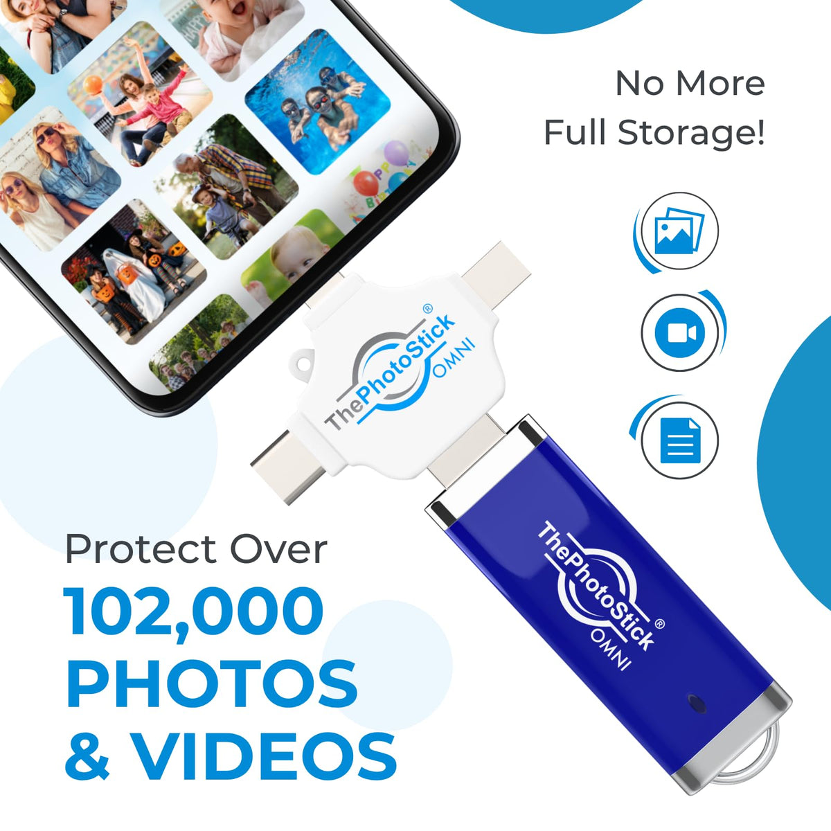 ThePhotoStick® Omni 256GB Photo Backup for iPhone, Android and Computers