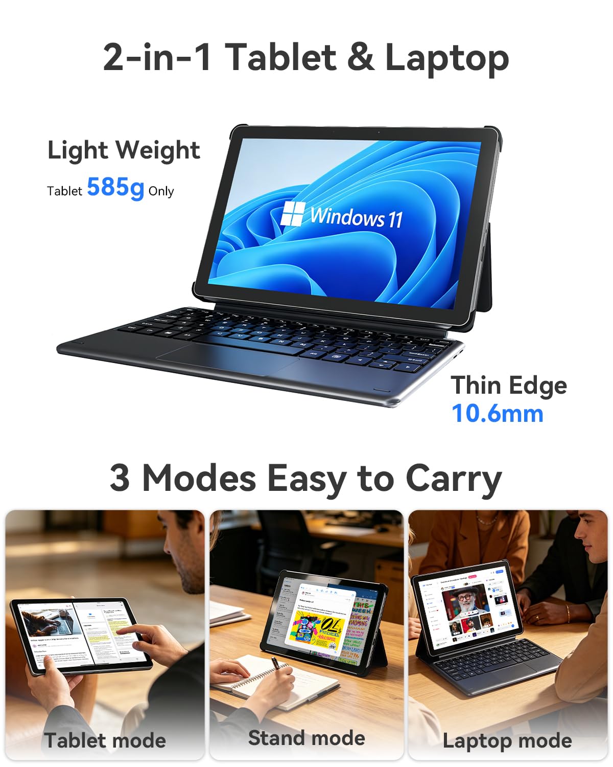 NewBook 10 10.1 inch 2-in-1 Laptop Tablet PC, Win 11 Compatible with Intel Pentium Gold 6500Y, 8GB RAM 256GB SSD, 1920x800 FHD Touchscreen, Micro HDMI/USB-C 3.2 with Magnetic Keyboard & Stand
