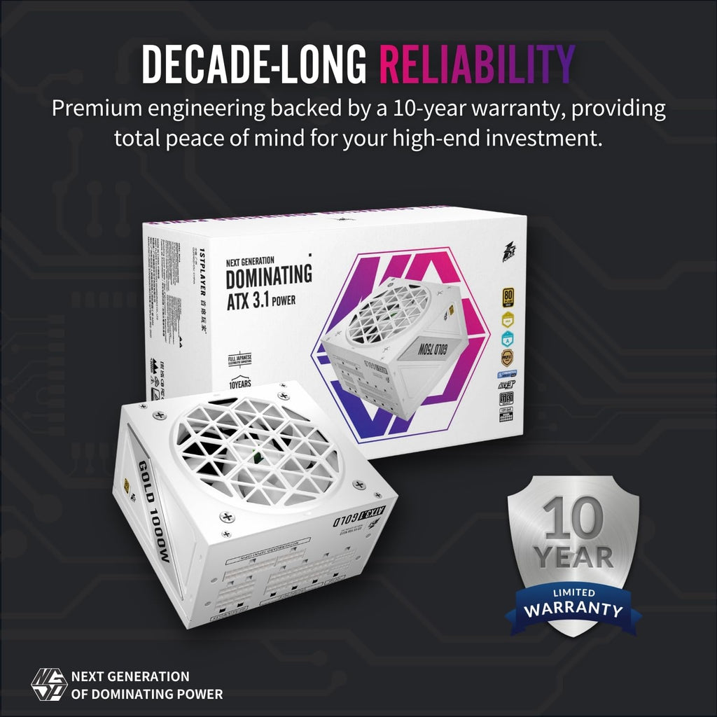 1ST PLAYER NGDP-GLD-1000W PSU Fully Modular PC ATX Power Supply-Computer Power Supplies,80 Plus Gold/PPLP Platinum,ATX 3.1/PCI-E 5.1/Silent FDB Fan with Zero RPM (White)
