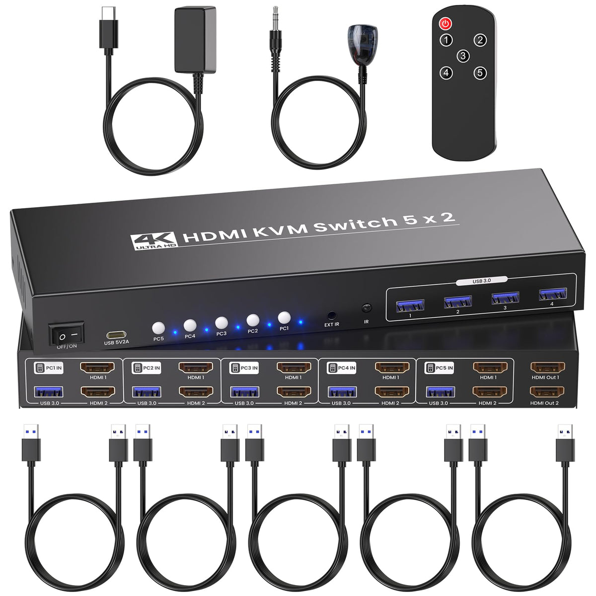 4K60Hz HDMI KVM Switch 2 Monitors 5 Computers, USB 3.0 Dual Monitor 5 Port KVM Switch for Managing 5 PCs with 1 Set of Keyboard Mouse and 2 Monitors, 4-Port USB 3.0 Sharing