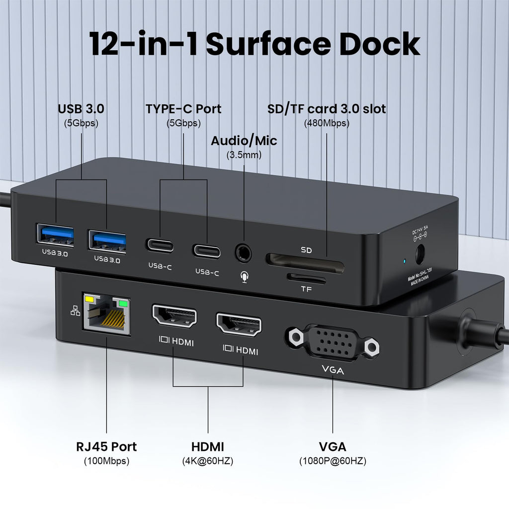 Surface Docking Station Triple Displays Dual 4K HDMI+VGA with Power Supply