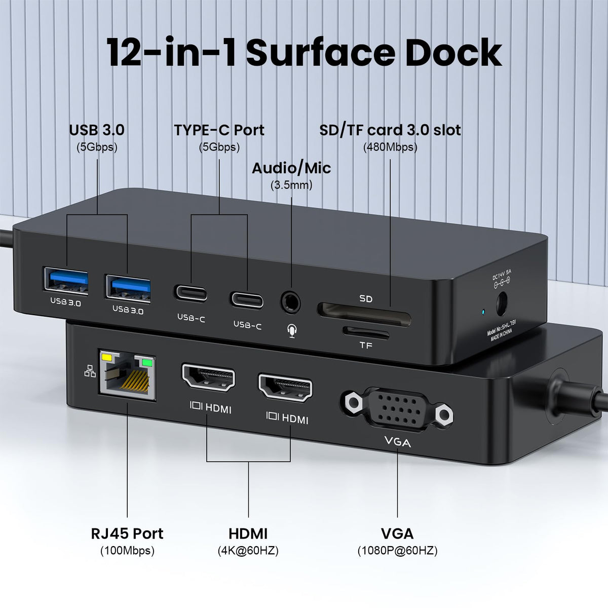 Surface Docking Station Triple Displays Dual 4K HDMI+VGA with Power Supply