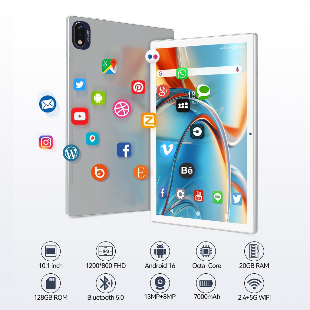 2026 Latest 10.1 Inch Tablet Android 16 Tablets with Keyboard 20GB RAM 128GB ROM 1TB Expand Tablet with 7000mAh Battery, 21MP Camera, Octa-core Processor, FHD Screen, GPS, Deal Speaker, BT 5.0
