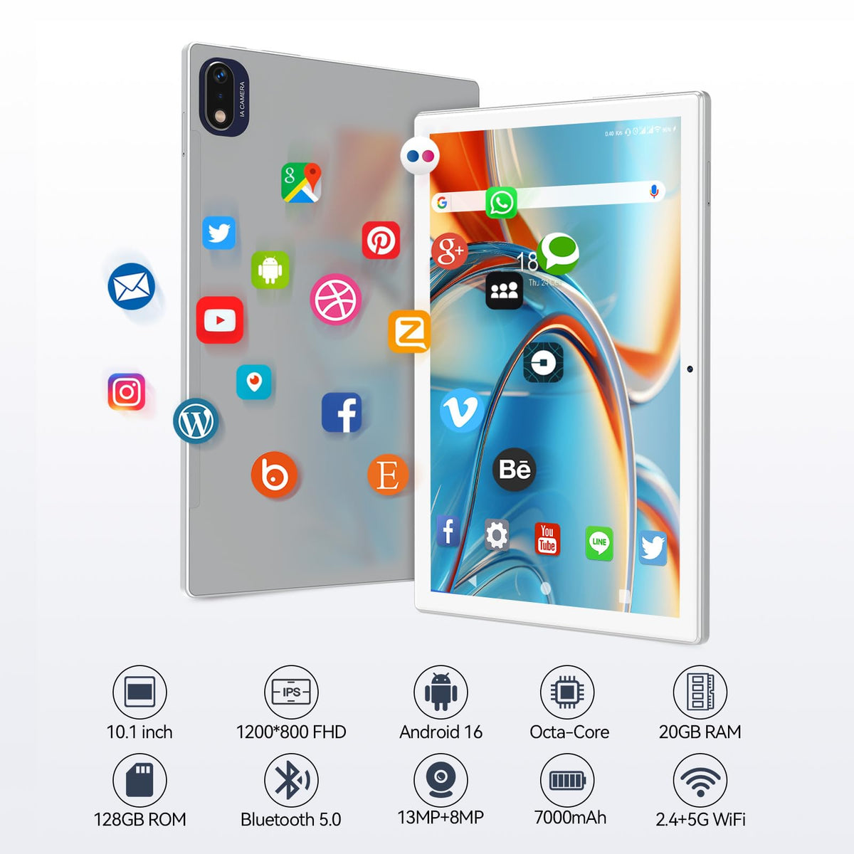 2026 Latest 10.1 Inch Tablet Android 16 Tablets with Keyboard 20GB RAM 128GB ROM 1TB Expand Tablet with 7000mAh Battery, 21MP Camera, Octa-core Processor, FHD Screen, GPS, Deal Speaker, BT 5.0