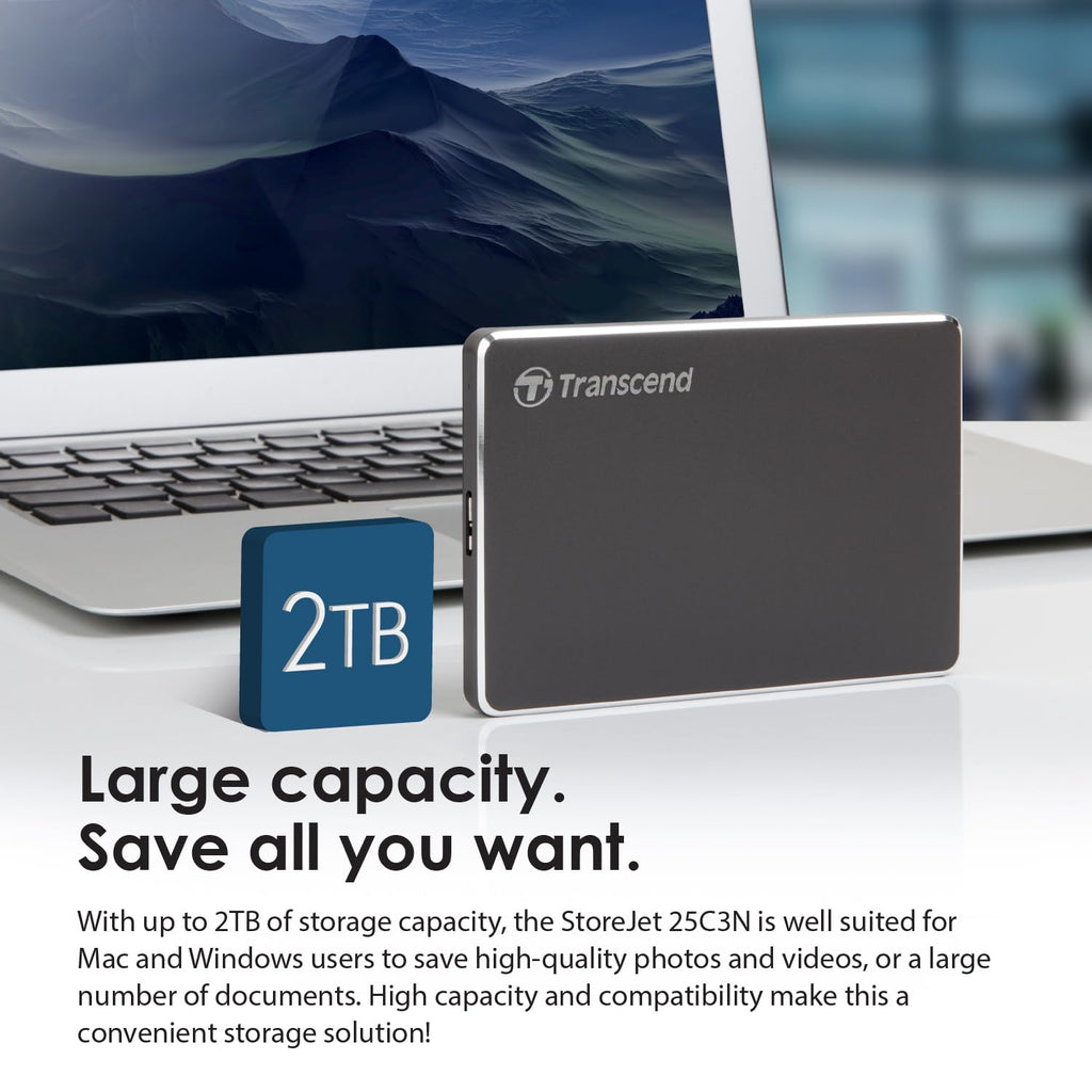 Transcend 1TB StoreJet 25C3N Portable HDD, Sleek Aluminum Case, Type-A