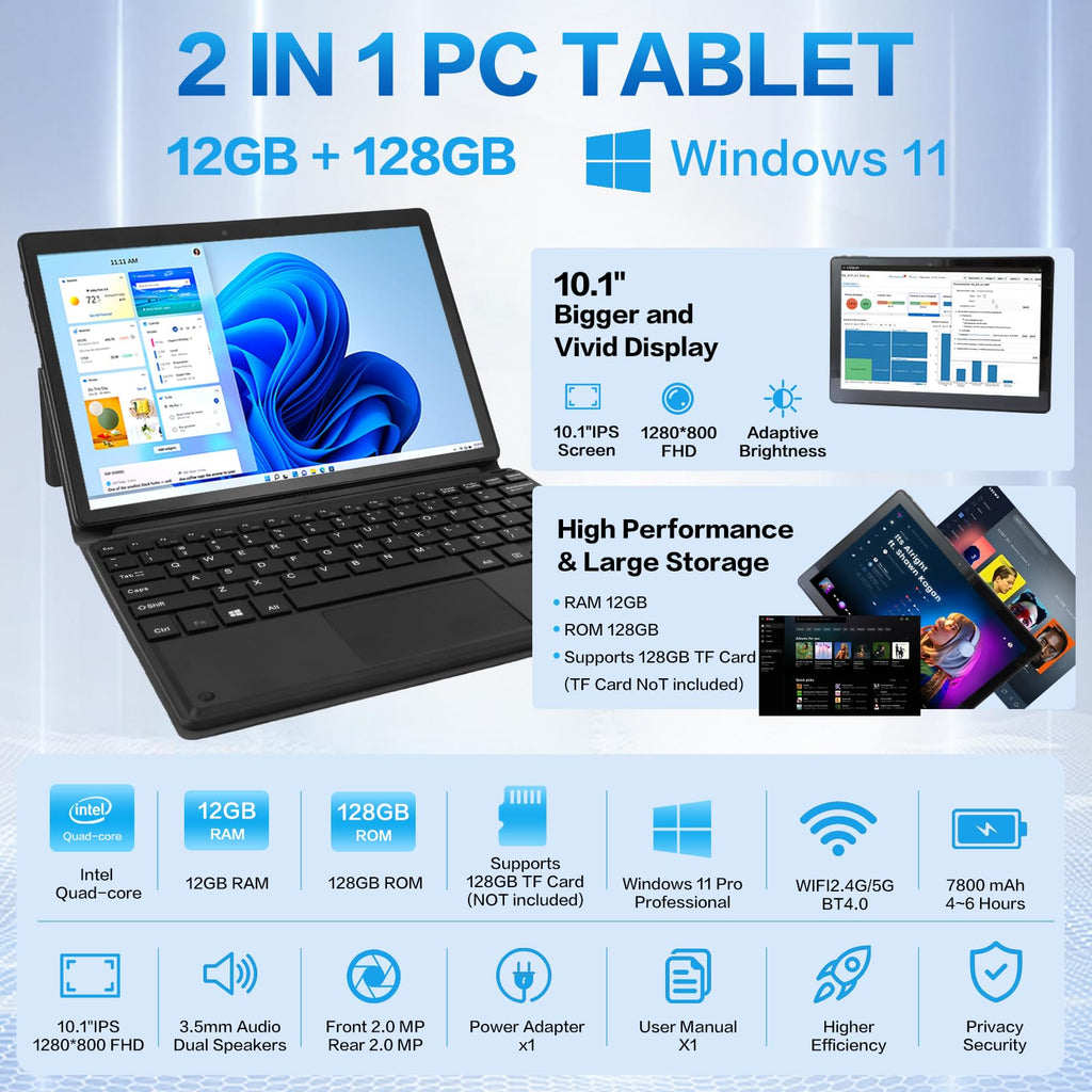 10.1" 2-in-1 Windows Tablet / Laptop, IPS Touchscreen,12GB RAM 128GBSSD