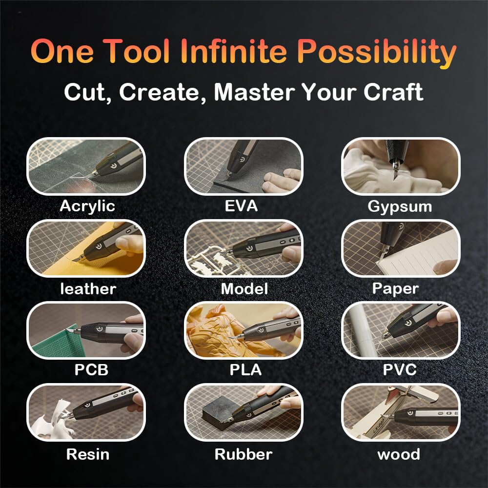C1 Wireless Ultrasonic Cutter, 40,000Hz Electric Craft Knife, 3 Power Modes & LED, Portable Hobby Tool for 3D Print Support Removal, Plastic Model, Leather, Wood & DIY Makers
