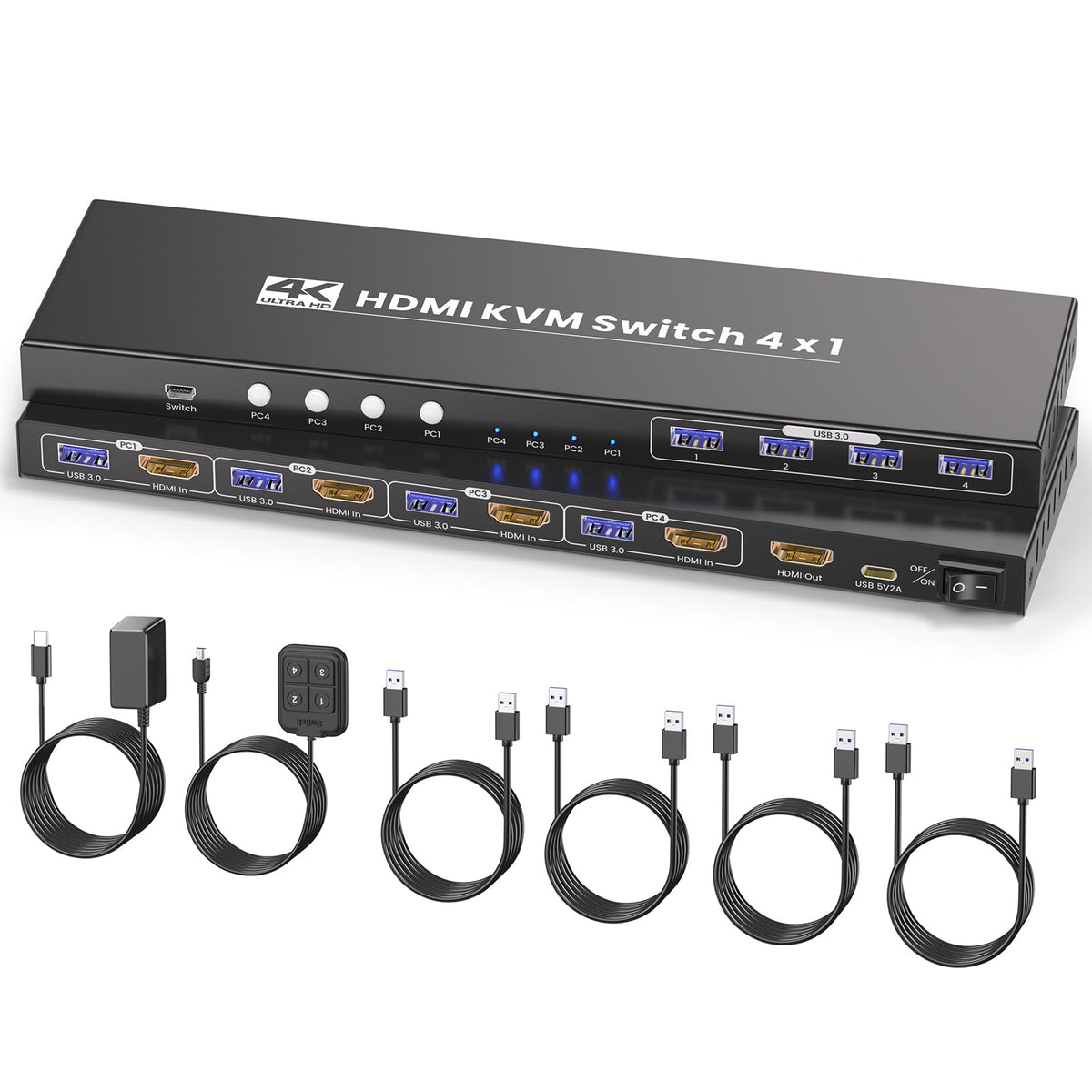 USB 3.0 Three Monitor HDMI KVM Switch, 4K60Hz 4 Port HDMI KVM Switch 3 Monitors 4 Computers, 4 PC Share 1 Set of Keyboard, Mouse, 3 Monitors and 4 USB 3.0 Ports