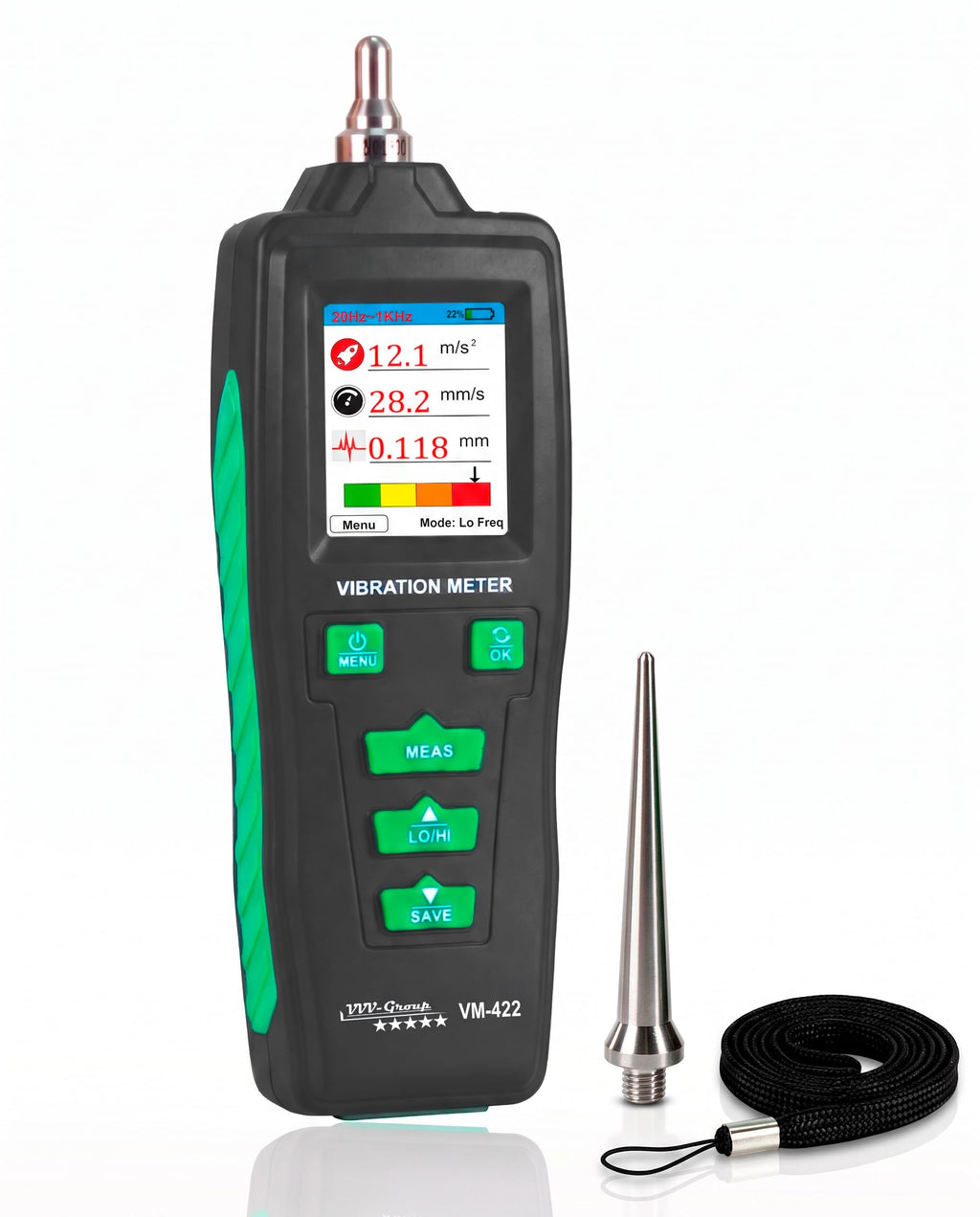 Digital Vibration Meter – VM-422 Industrial Vibrometer with Memory, Acceleration 0.1–199.9 m/s², Velocity 0.1–199.9 mm/s, Displacement 0.001–1.999 mm, 10Hz–4kHz, 500 Data Storage