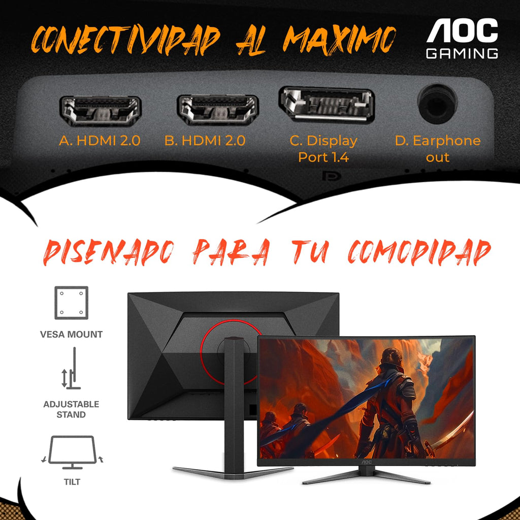 AOC 27 Inch Curved Gaming Monitor FHD 200Hz VA 0.3ms HDR, C27G4H2