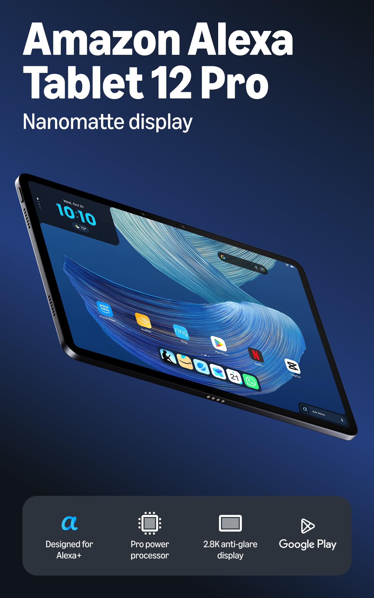 Amazon Alexa Tablet 12 Pro (all-new), 8GB RAM, 128GB, 12″ stunning 2.8K display, All-day battery, With Google Play, Designed for Alexa+, Graphite