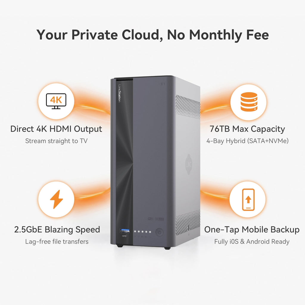 LincStation E1 4-Bay NAS Storage, Quad-Core 2.0GHz, 4GB RAM, 64GB eMMC, 2.5GbE Port & 4K HDMI 2.0, Supports M.2 NVMe SSD & SATA HDD Up to 76TB, Remote Access for iOS/Android/Windows (Diskless)
