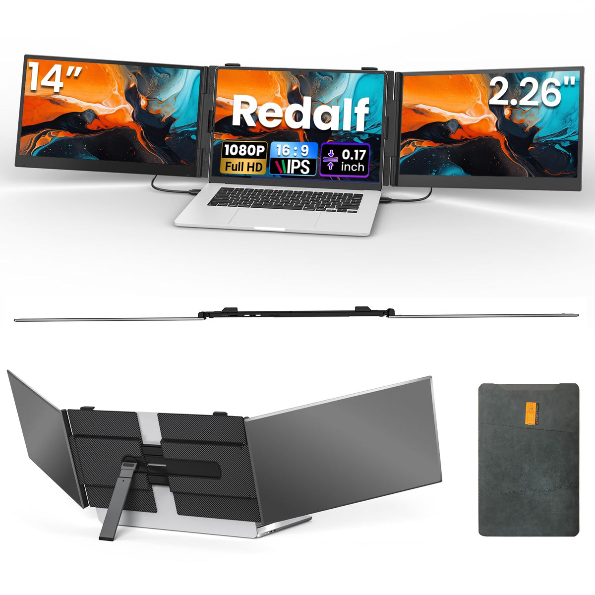 Laptop Screen Extender, 15.6'' 1080P FHD Laptop Monitor Extender with 235°Rotation Detachable Dual Monitor, Plug & Play, Triple Screen for 13"-17.3" Laptops Compatible with Mac/Wins/Android/Dex