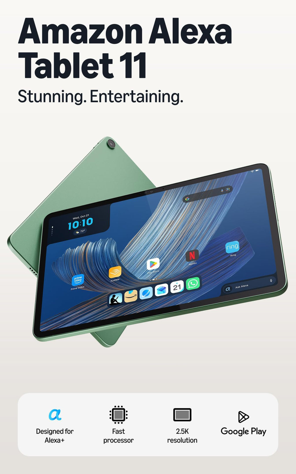 Amazon Alexa Tablet 11 (all-new), 8GB RAM, 64GB, 11″ stunning 2.5K display, All-day battery, With Google Play, Designed for Alexa+, Matcha