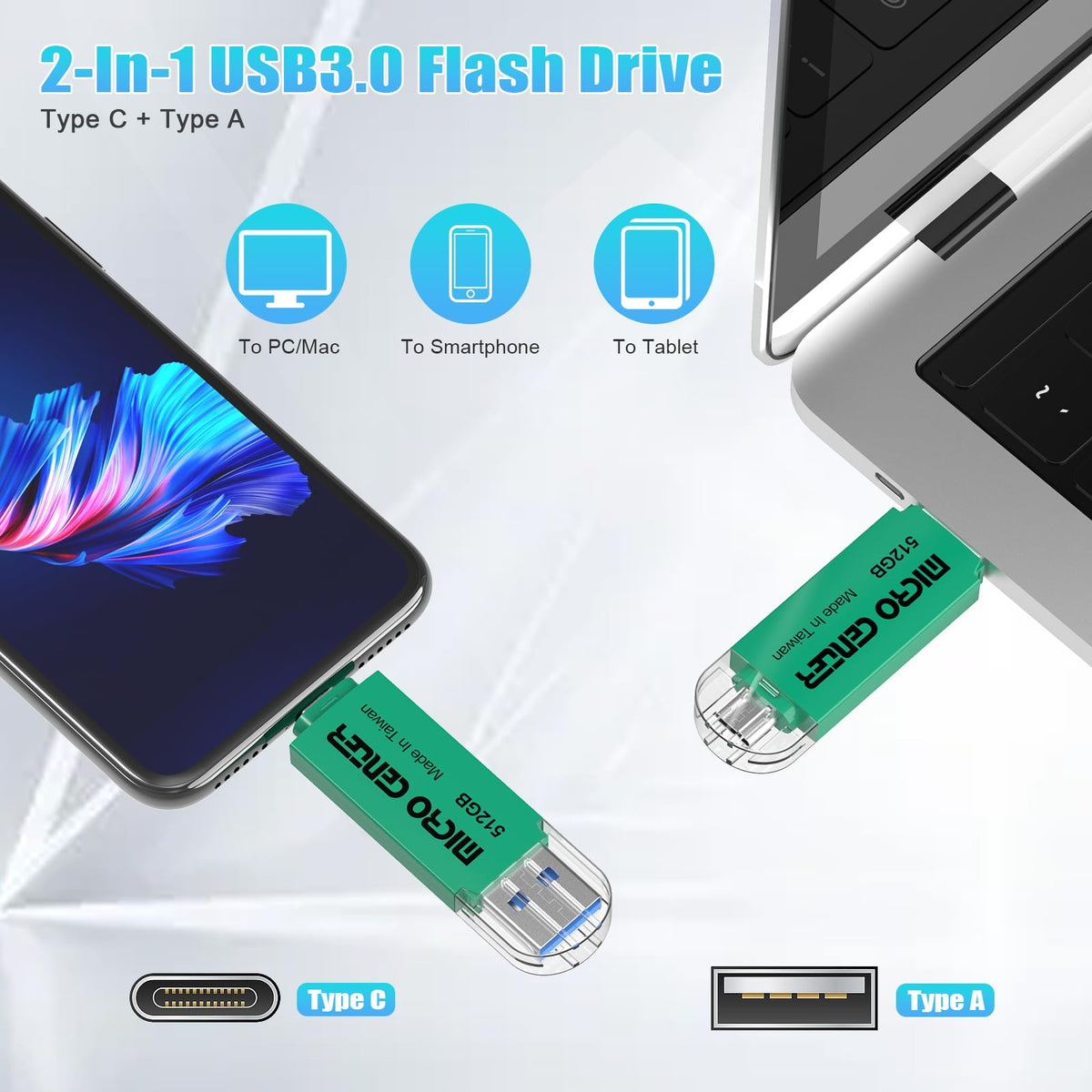 Micro Center Super Speed 2-in-1 512GB Dual Drive Type C & Type A OTG up to 150MB/s USB 3.0 Flash Drives Thumb Drive Memory Storage for Android Smartphone Computers MacBook Tablets PC