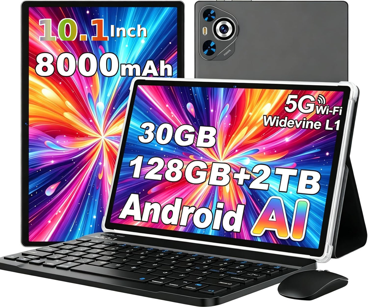 10.1 Inch Android Tablet, Full Metal Body, 30GB RAM+128GB ROM, 2TB TF Expandable, 8000mAh Battery, Incell IPS Display, 5G WiFi BT 5.0, Tablet with Keyboard & Mouse, Gray