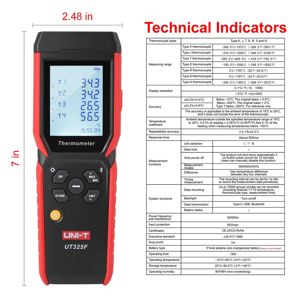 UNI-T UT325F 4-Channel Thermometer,K-Type,Bluetooth,USB-C Data Logger