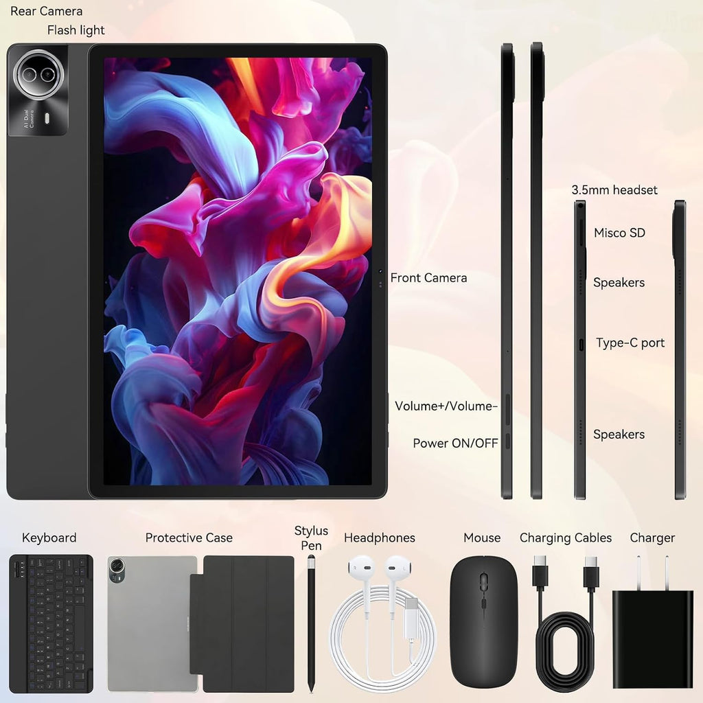 Tablet｜14 inch Android 16 Tablet｜36GB RAM 256GB ROM ｜1920 * 1200 IPS FHD｜10000mAh 30W Fast Charging｜Octa-core Processor｜Wi-Fi 6, BT 5.4｜Dual Camera with Gemini AI｜Keyboard｜Stylus｜Case｜Headphone
