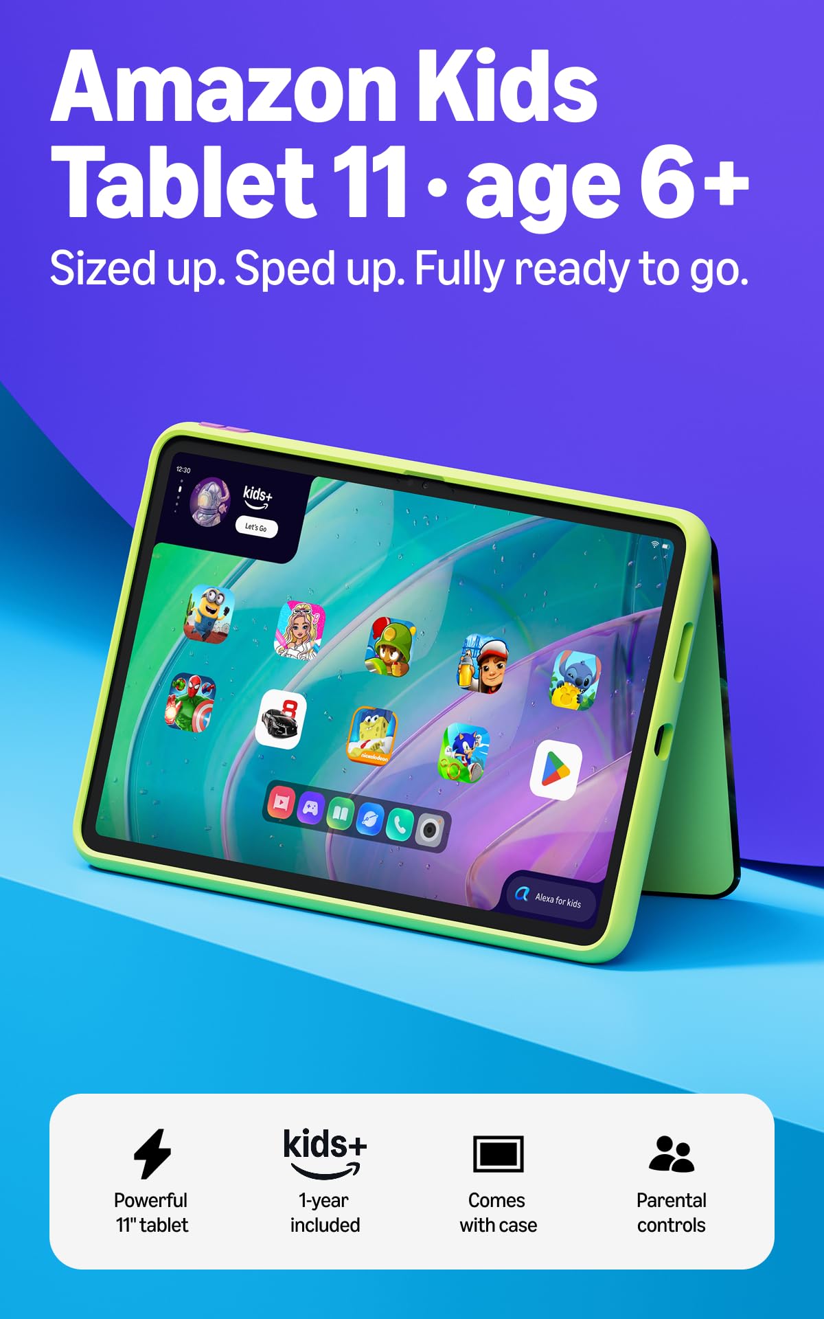 Amazon Kids Tablet 11 (newest model), Ages 6-12, 11" 2.5K display, 8GB RAM, Includes 1-year Kids+ content subscription, Parental controls, and Stellar Swirl slim hard case