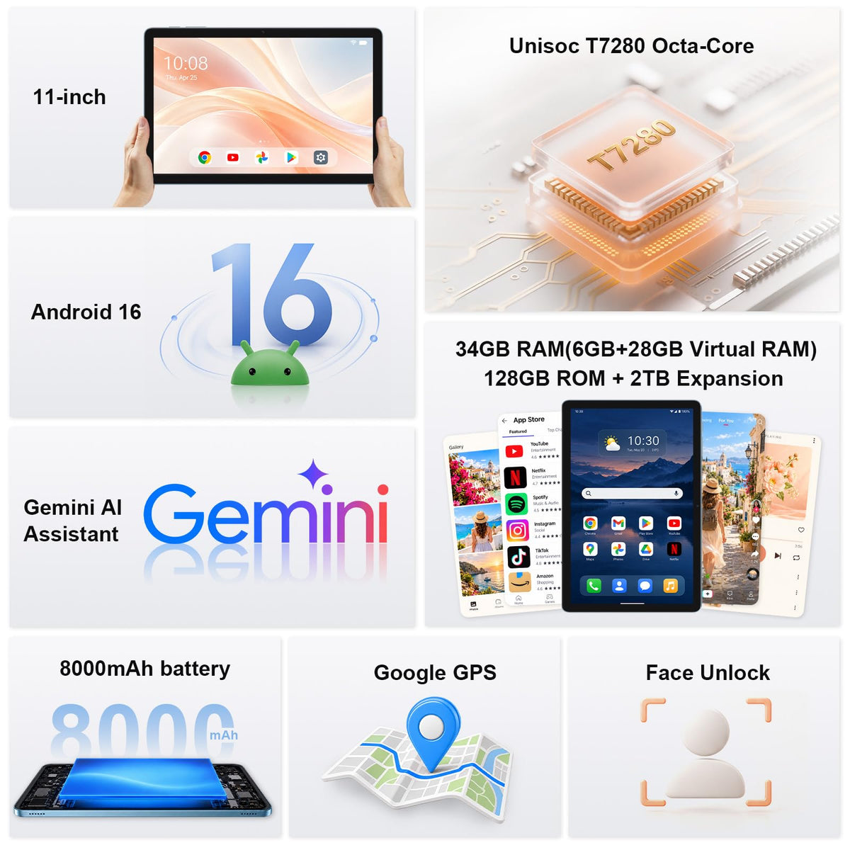 11 inch Tablet Android 16, 34GB RAM 128GB ROM 2TB Expansion, 8000mAh, Blue