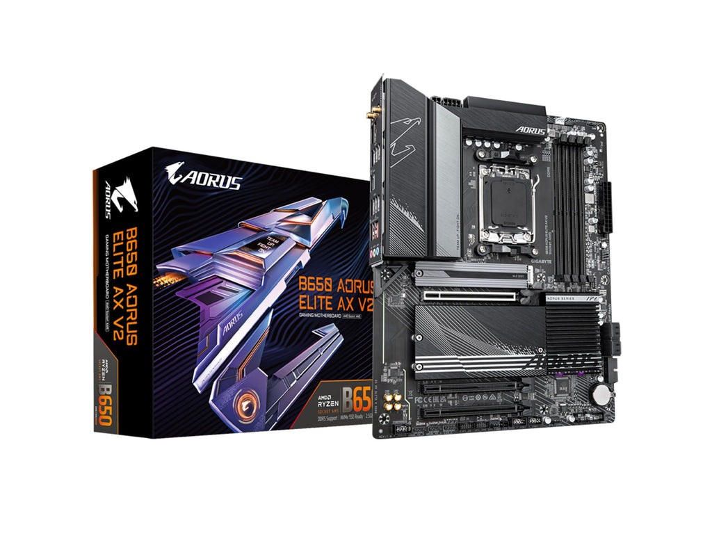 GIGABYTE B650 AORUS Elite AX AMD AM5 ATX Motherboard, Support Ryzen 9000/8000/7000 Series, DDR5, 14+2+1 Power Phase, PCIe 5.0 M.2, USB-C 3.2 Gen 2, WIFI6E, 2.5GbE, EZ-Latch, Q-Flash, RGB Fusion