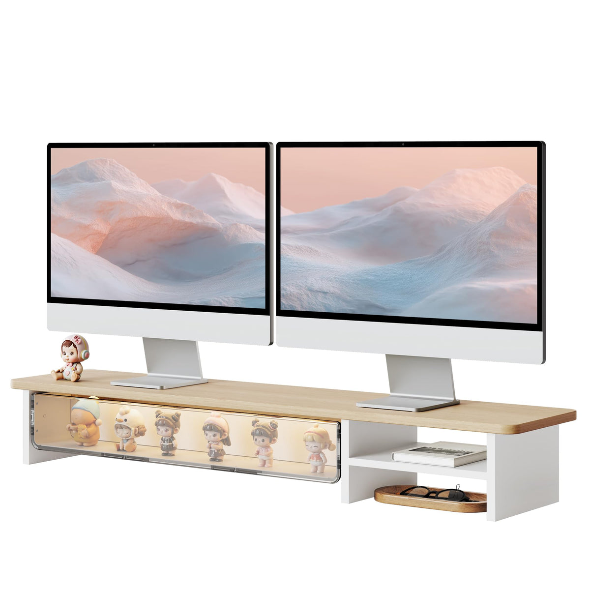 Fenge 42.5-inch Dual Monitor Stand Riser with Large Acrylic Drawer, Brown