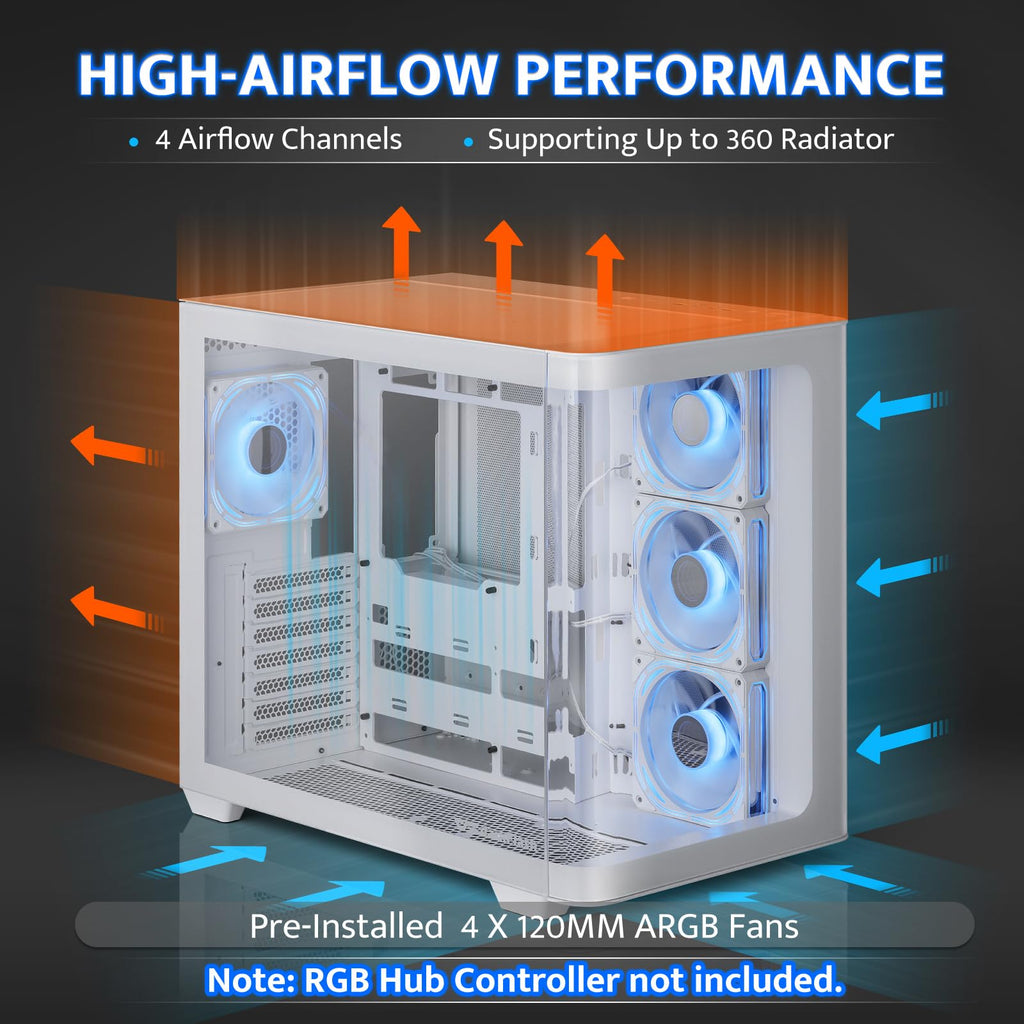 darkFlash ATX Mid-Tower Gaming PC Case, Back Plug-in BTF Motherboard, with 4 ARGB Fans Computer Case, Full View Curve Glass Dual-Chamber PC Case, Type C Port, Supports Dual 360mm AIO, White(DPW90)
