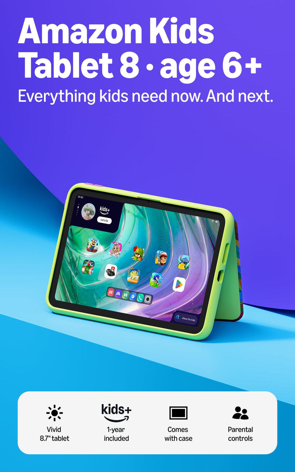 Amazon Kids Tablet 11 (newest model), Ages 6-12, 11" 2.5K display, 8GB RAM, Includes 1-year Kids+ content subscription, Parental controls, and Stellar Swirl slim hard case