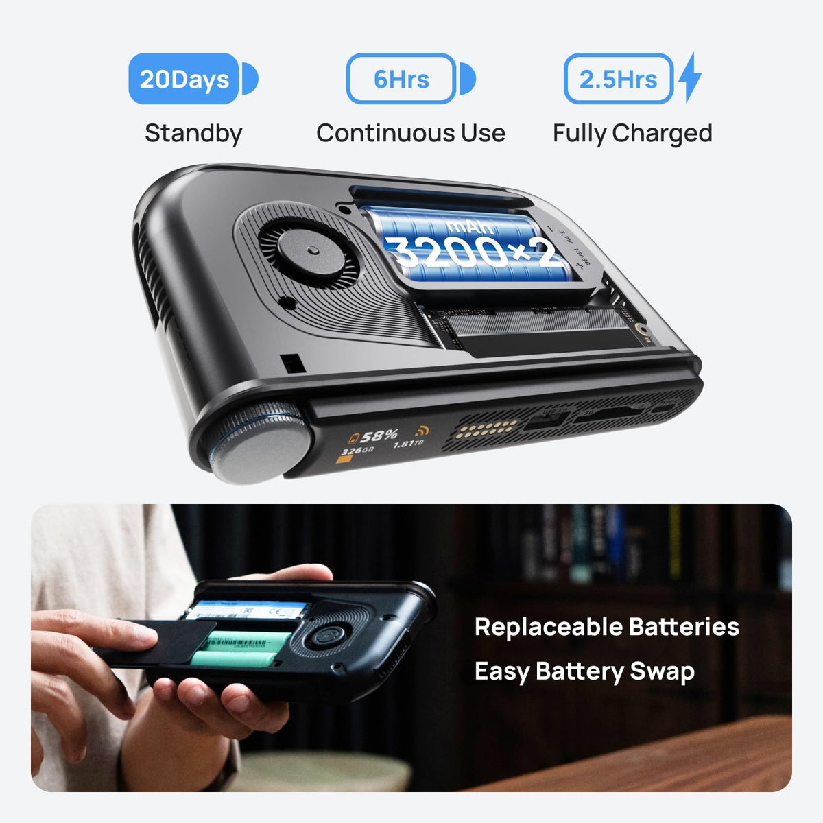 PocketCloud Portable NAS, M.2 NVMe & SD Card Slots, Up to 8TB Capacity (Diskless), One-Click Backup, Wi-Fi 6 Support, LCD Display & App Control, Dual 3200mAh Batteries for Outdoor Backup