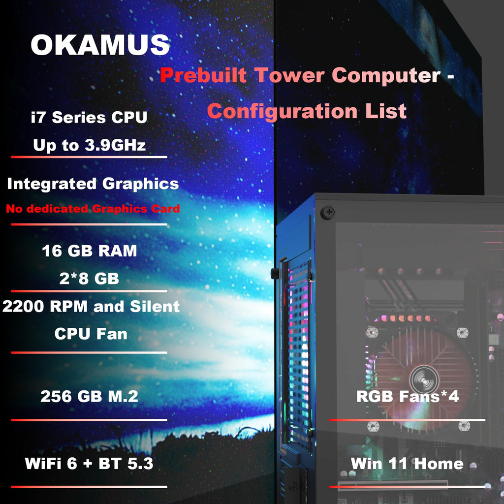 Prebuilt Desktop Computer, i7 CPU Up to 3.9GHz, Integrated Graphics Only Tower PC, 16GB RAM, 256GB M.2 SSD, RGB Fans x4,Win11 Home, WiFi 6+BT5.3, 400W PSU