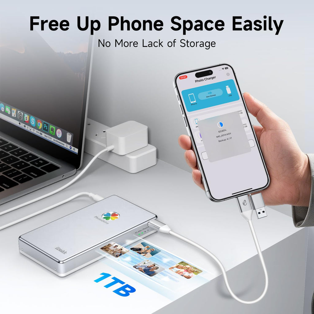 iDiskk 1TB External Hard Drive USB Photo Memory Stick for Phone Mac PC | Plug and Play with Dedicated app, Cross-Device File Transfer, Portable Photo Backup, Compatible with iOS, Windows & Mac