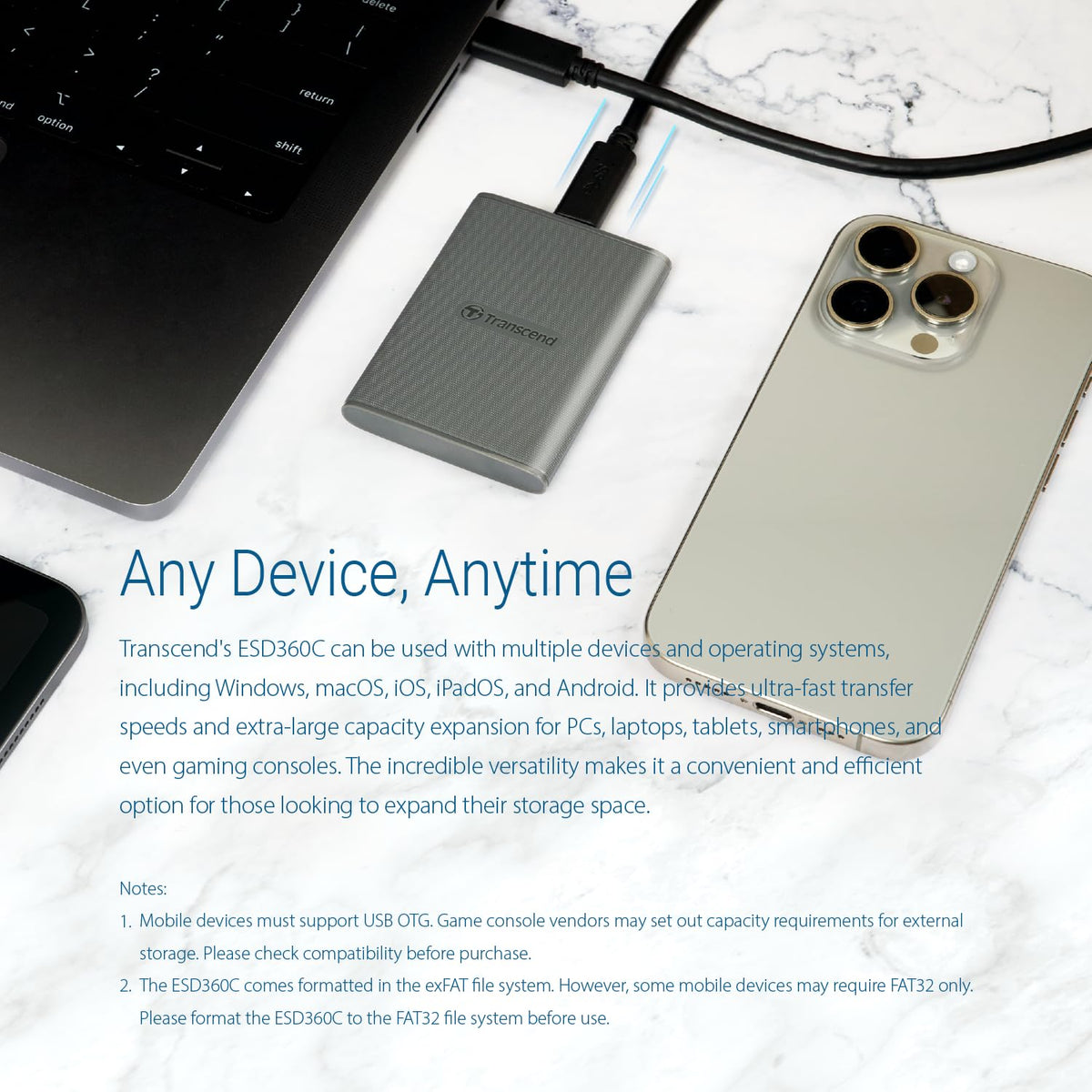 Transcend 1TB ESD360C Portable SSD Up to 2000MB/s USB3.2 Gen2x2, Type-C