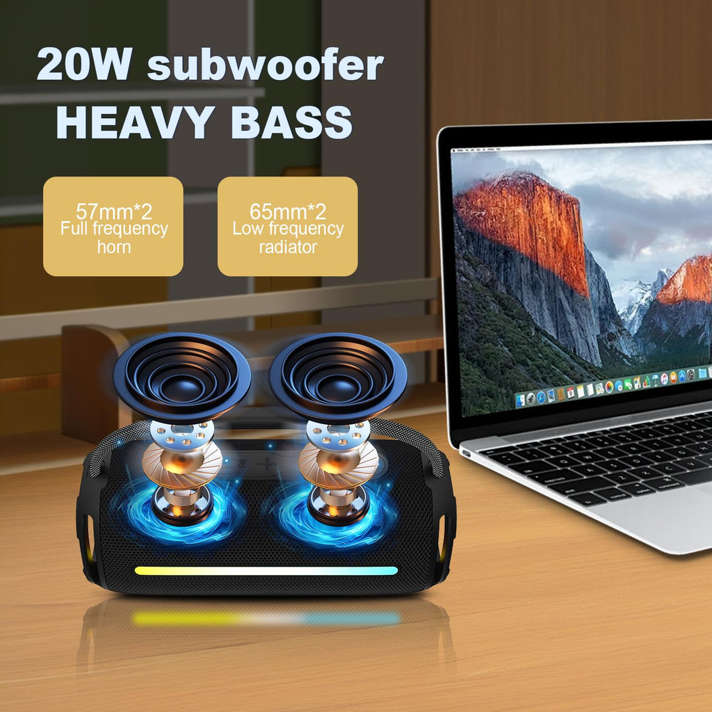 Bluetooth Speaker with 20W Deep Bass, Waterproof Wireless Outdoor Speaker with Colorful LED Lights, TWS Pairing, Loud Speaker for Party, Beach, Travel & Home (Black)