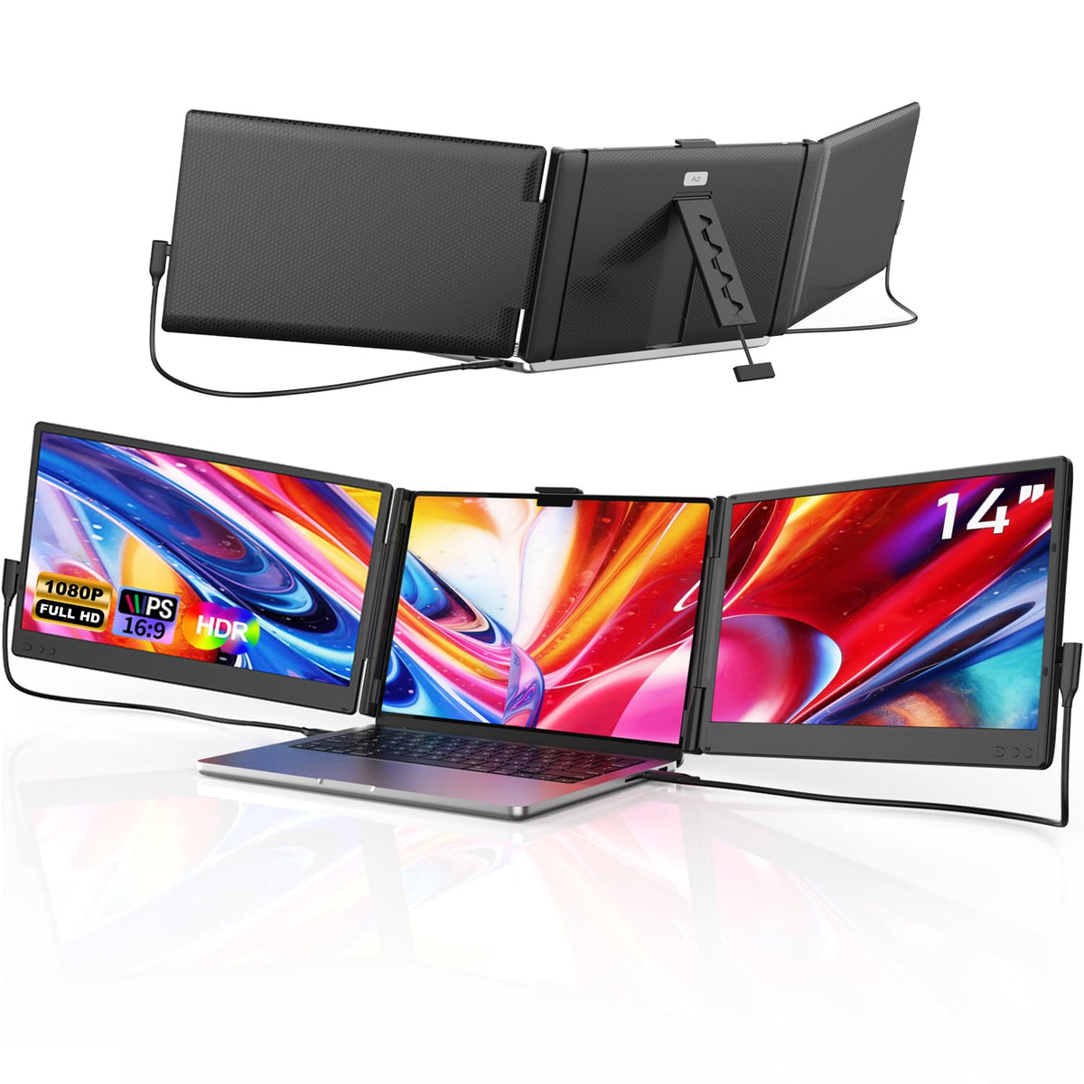 Laptop Screen Extender, 14" Ultra-Slim Triple Portable Monitor, 1080P FHD IPS Display, USB-C/HDMI Plug & Play, Monitor Extender for 13-17.3" Laptops, Mac/Windows/Chrome