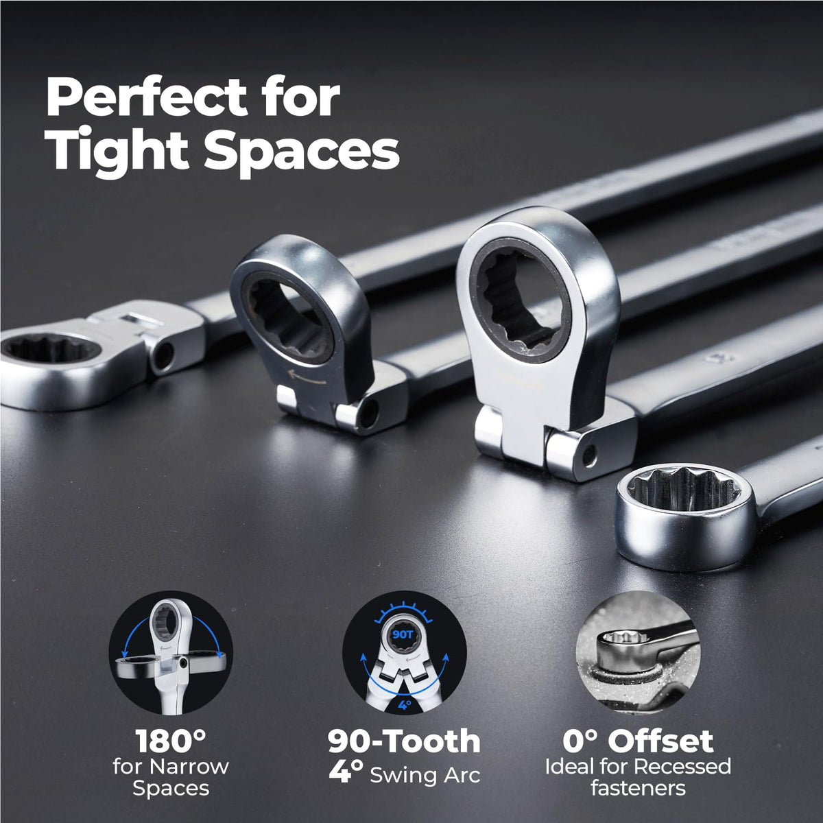 toolant 16PCS Extra Long Ratcheting Wrench Set Flex Head Metric 8-24mm