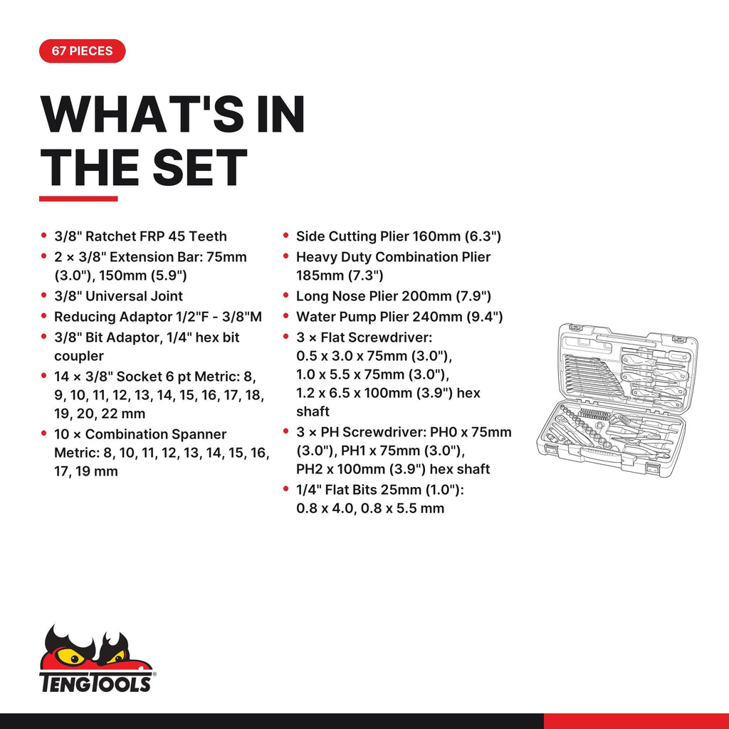 Teng Tools 3/8 Socket Set 67 Piece Ratchet Wrench and Tool Kit - T3867
