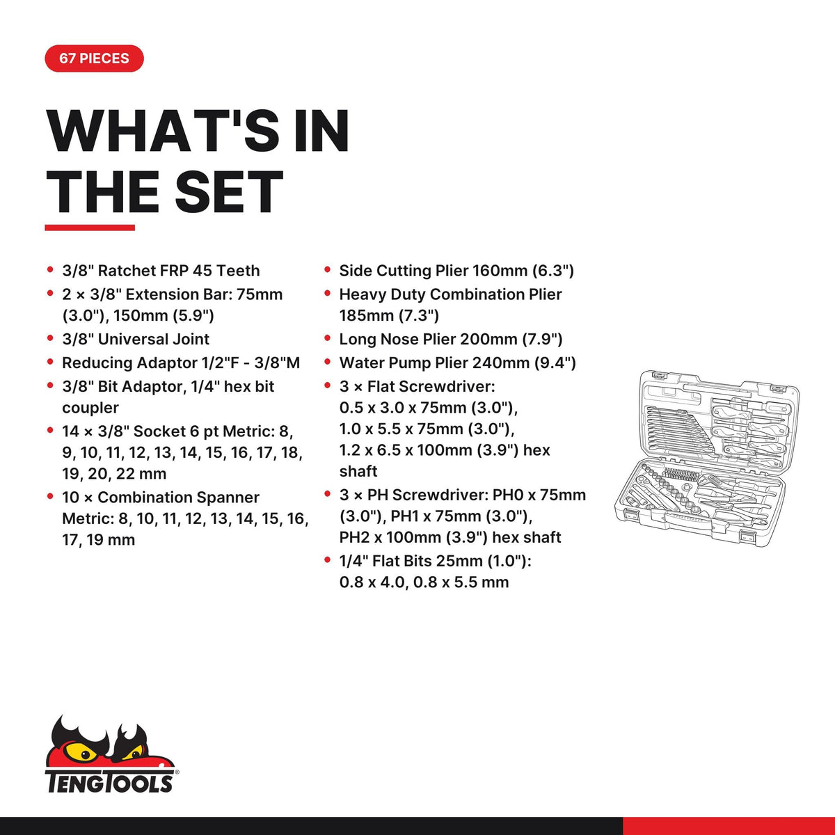 Teng Tools 3/8 Socket Set 67 Piece Ratchet Wrench and Tool Kit - T3867