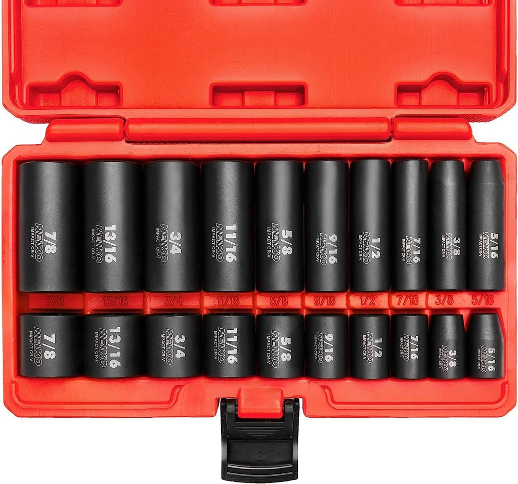 NEIKO 02471A Impact Socket Set, 3/8” Drive, 67 Piece, Metric and Standard Master Socket Set with Shallow & Deep Sockets, Ratchet, Swivel Sockets, Extension Bars, Adapters, Cr-V & Cr-Mo
