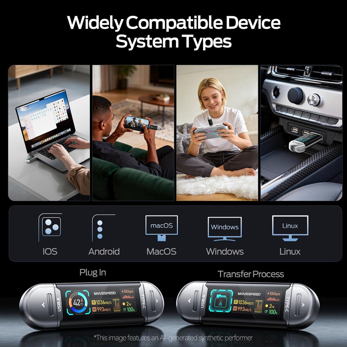 MOVE SPEED 1TB Solid State Drives with Smart Display 1090MB/s USB 3.2 Gen2 and Type C with Dual Ports for ProRes 4K Video iPhone 18/17/16/15, Android Phone, Windows, Mac
