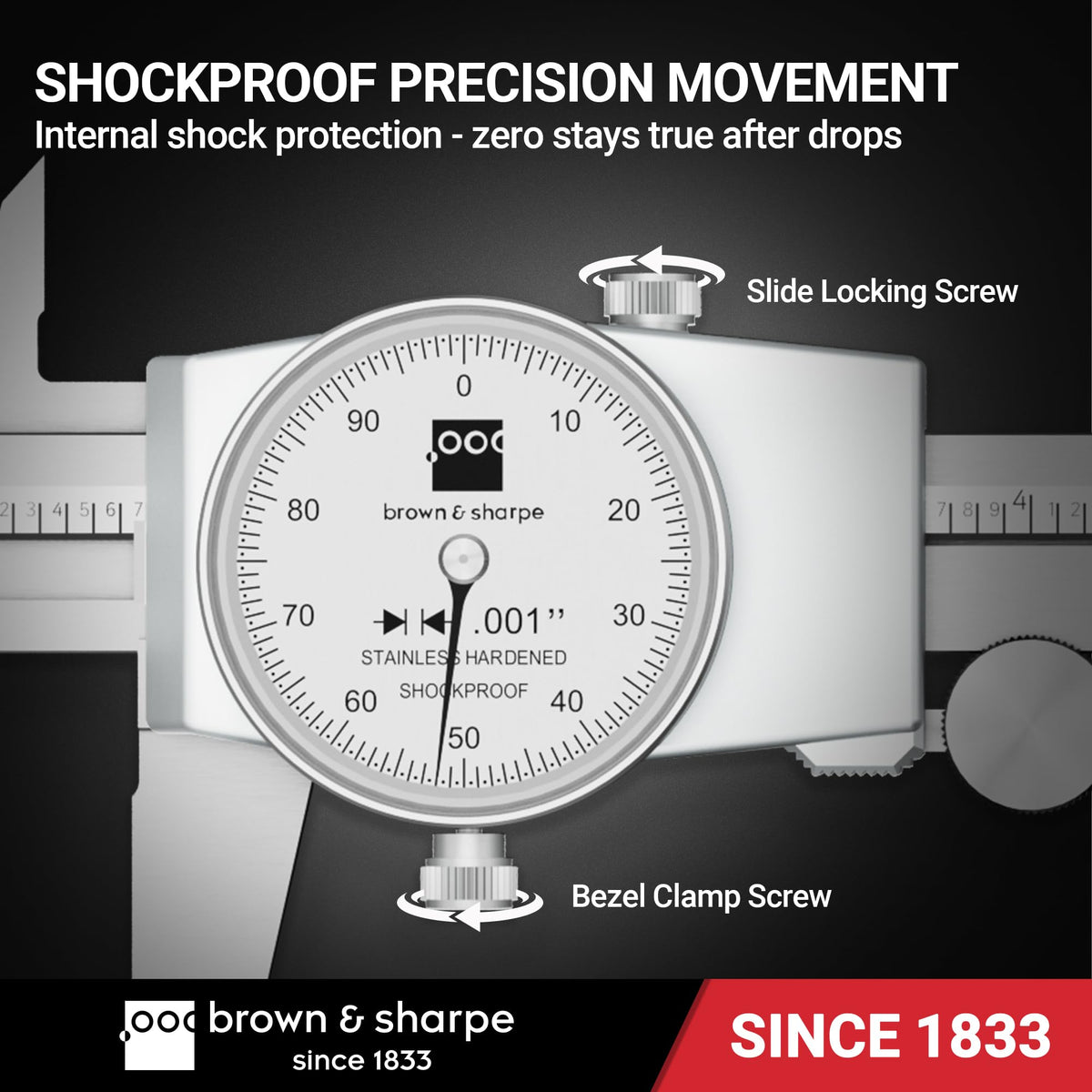 TESA Brown & Sharpe 599-579-8-1 Stainless Steel Dial Caliper, White Face, 0"-8" Range, +/-0.001" Accuracy, 0.001" Resolution, Meets DIN 862 Specifications
