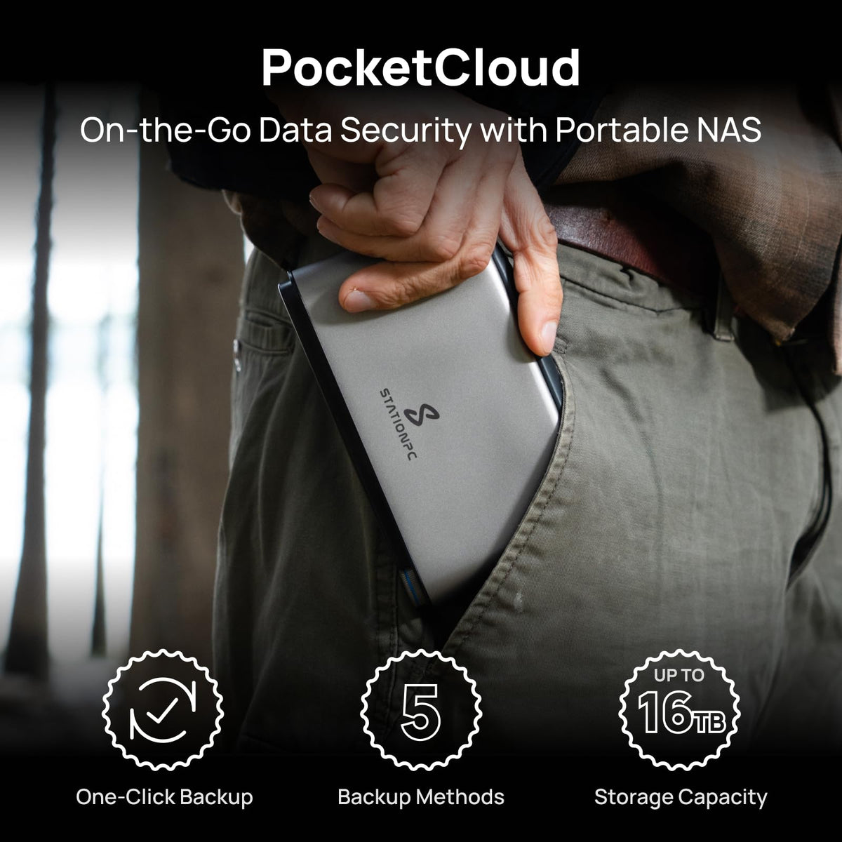 PocketCloud Portable NAS, M.2 NVMe & SD Card Slots, Up to 8TB Capacity (Diskless), One-Click Backup, Wi-Fi 6 Support, LCD Display & App Control, Dual 3200mAh Batteries for Outdoor Backup