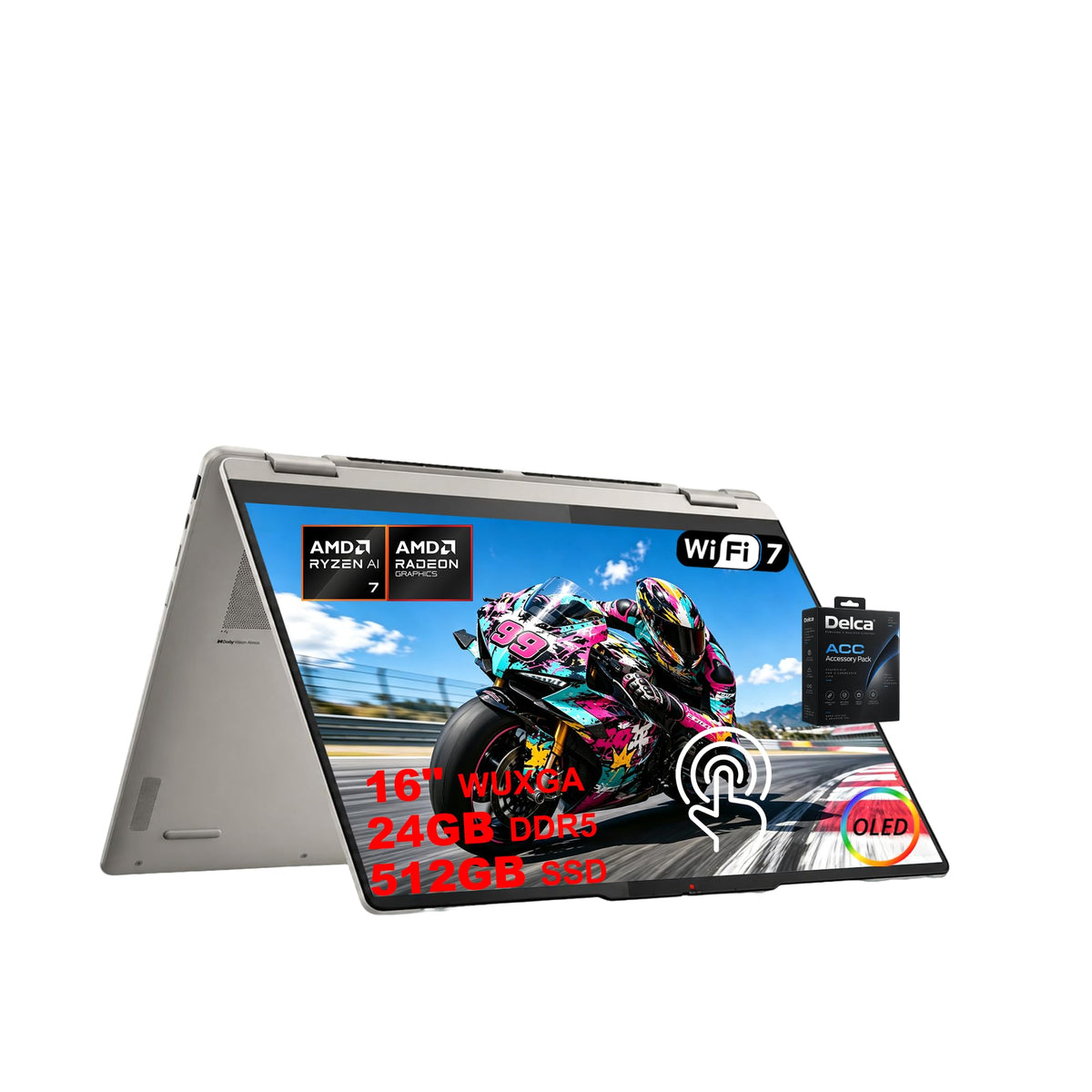 Lenovo Yoga 7 2-in-1 AI Business Laptop | 16" WUXGA OLED 100% DCI-P3 Touch | AMD 6-core Ryzen AI 7 445 (UP to 50 NPU Tops) | 24GB DDR5 512GB SSD | Backlit Fingerprint Wi-Fi 7 Win11 w/DLCA Accessory