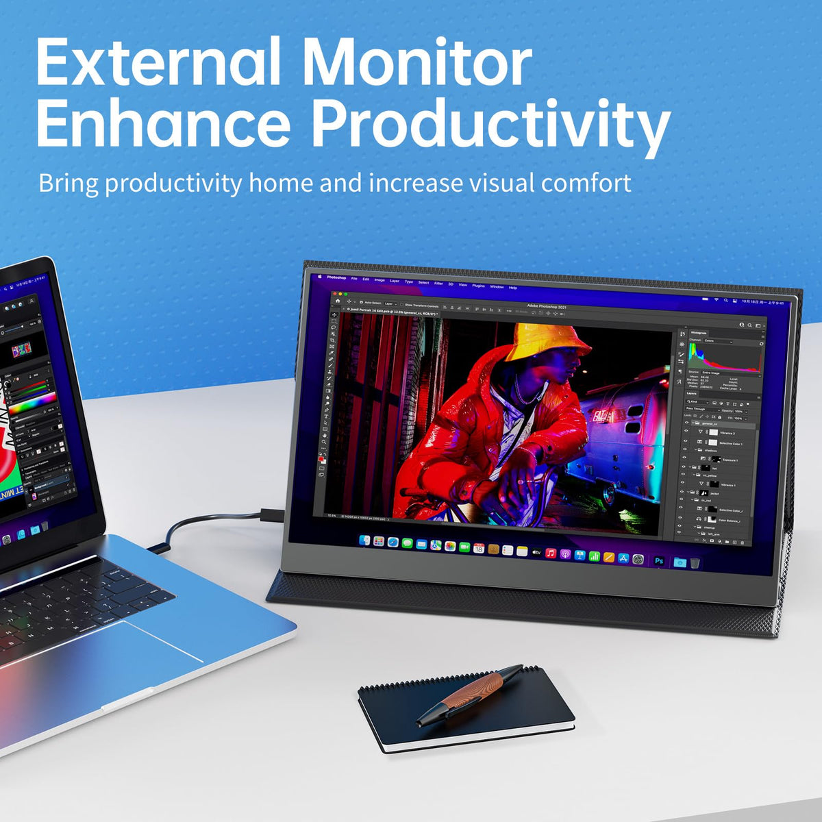 VisionOwl Portable Monitor 15.6 Inch 1080P FHD 85% sRGB Second Screen, USB-C HDMI HDR External Travel Monitor for Laptop PC MacBook PS5 Xbox, VESA Mountable, with Speakers, Cover Stand, Silver