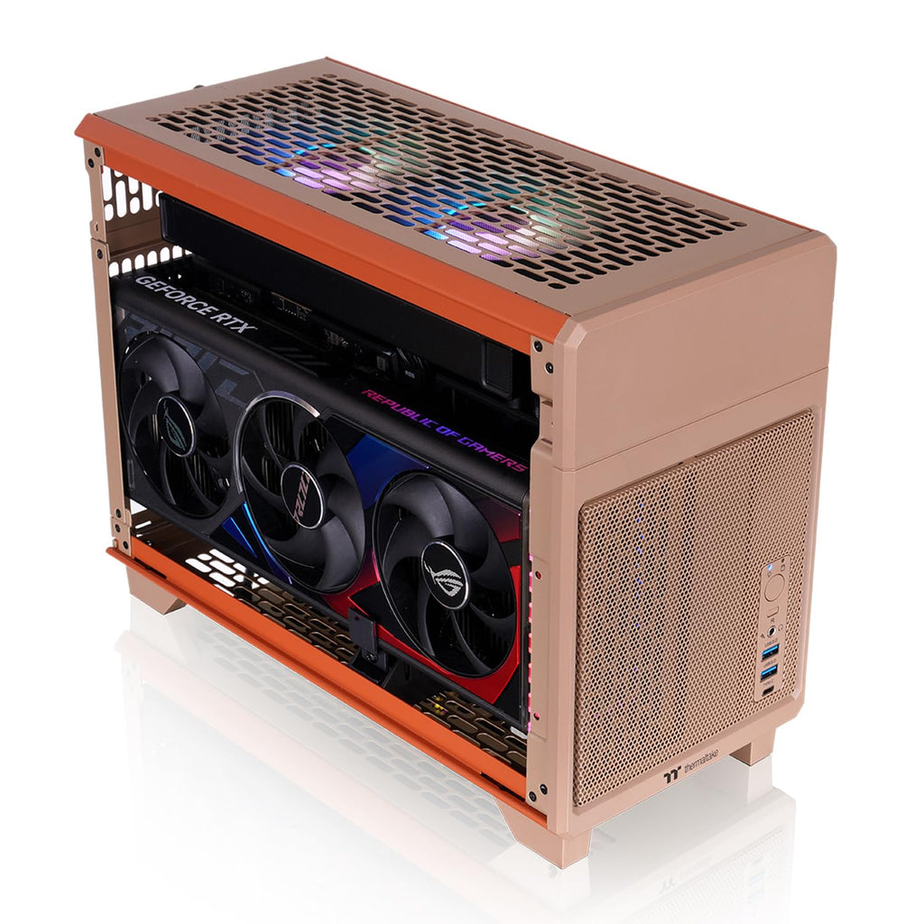 Thermaltake TR100 SFF Chassis; mITX Support; 18.9 Liters; PCIe 4.0 Riser Cable Included; 360mm GPU Clearance; 280mm Radiator Support; Removable PCIe Bracket; Gravel Sand; CA-11A-00SGNN-00