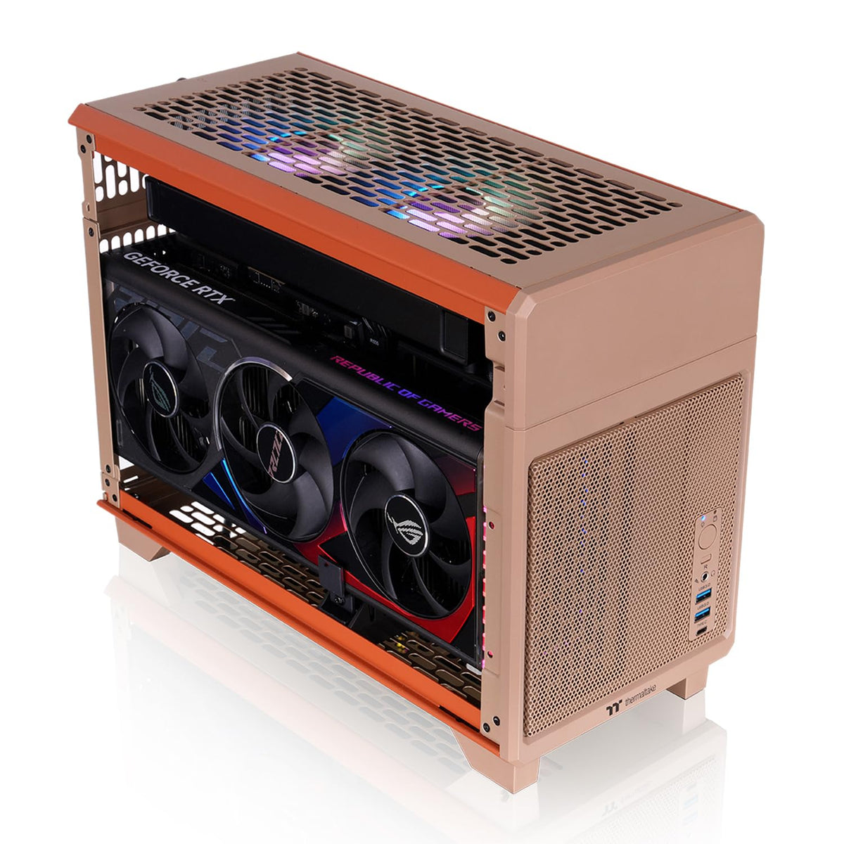 Thermaltake TR100 SFF Chassis; mITX Support; 18.9 Liters; PCIe 4.0 Riser Cable Included; 360mm GPU Clearance; 280mm Radiator Support; Removable PCIe Bracket; Gravel Sand; CA-11A-00SGNN-00
