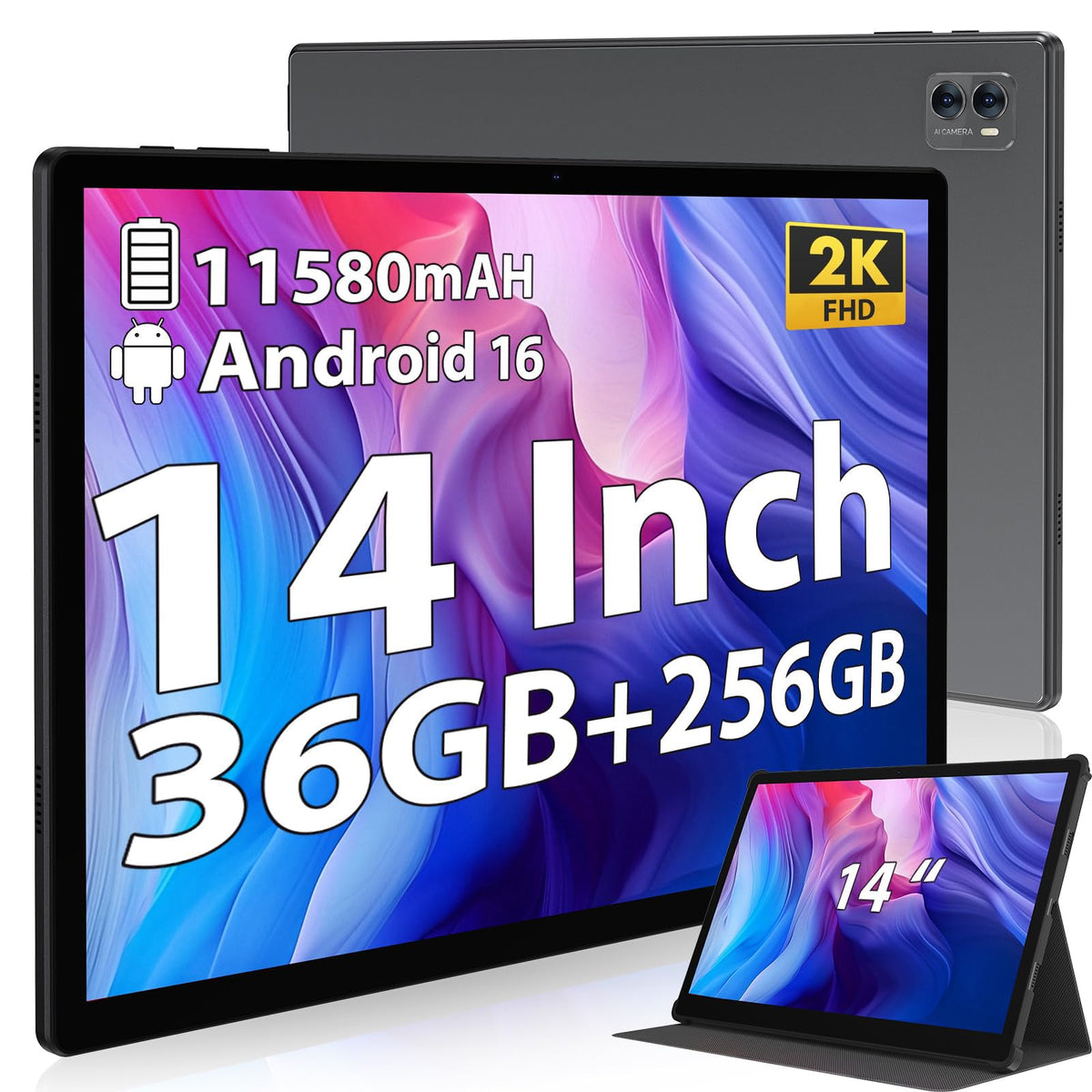 Tablet 14 Inch Android 16 Tablets, 2000*1200 IPS Display Tablets, 256GB Storage (Expand to 2TB) + 36GB,11580 mAh 18W PD Fast Charger, 8 Core CPU,4 Speakers, 5G WiFi, 8+13MP, Tablet with Case - Black