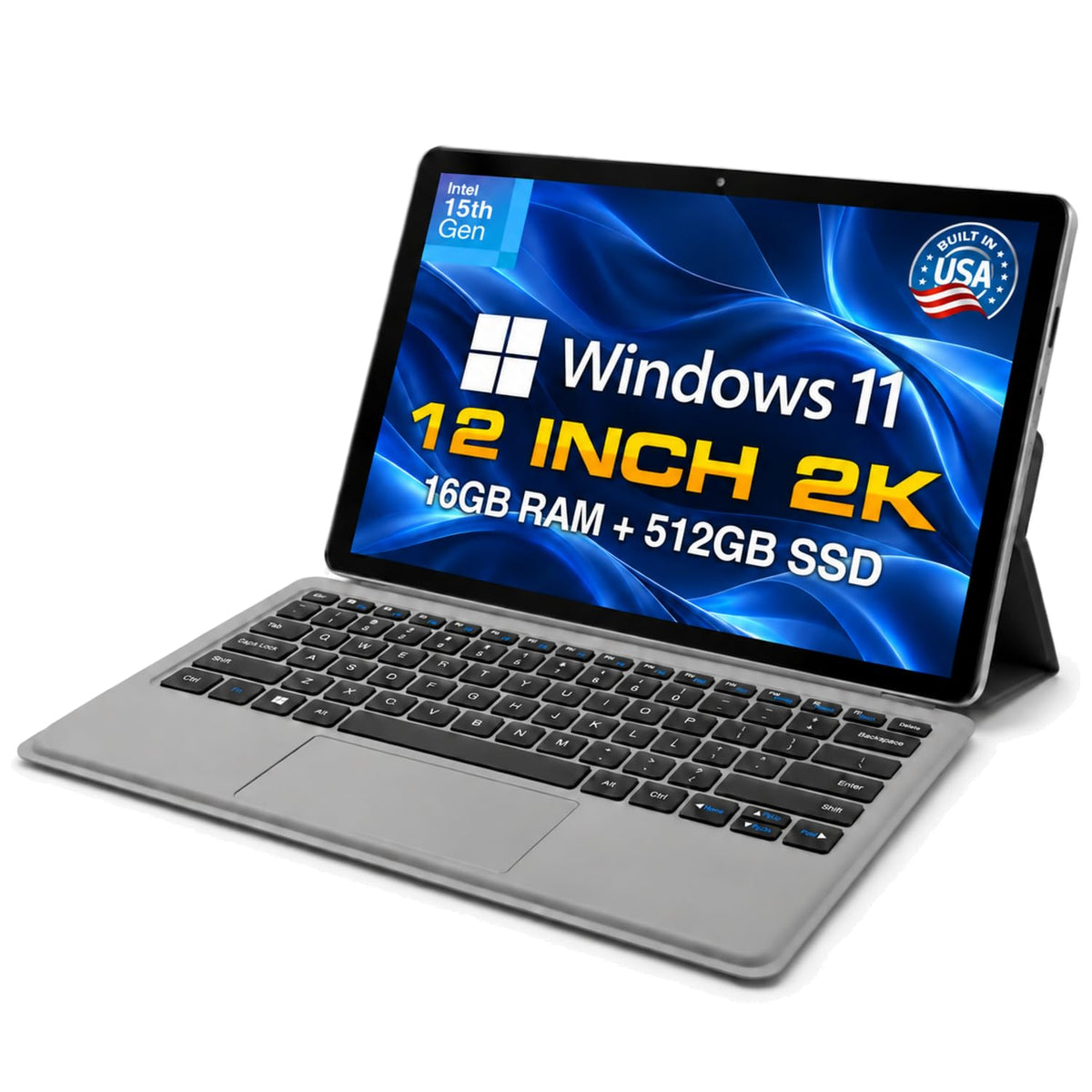 Fusion5 2 in 1 Laptop, Windows 11 Tablet with Keyboard - Built in USA, 12" 2K Touchscreen, Intel 15th Gen Quad-Core CPU, 16GB DDR5 RAM, 512GB SSD, 12 Inch Windows Tablet PC with Built-in Cooling Fan