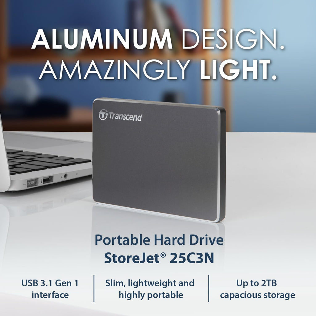 Transcend 1TB StoreJet 25C3N Portable HDD, Sleek Aluminum Case, Type-A