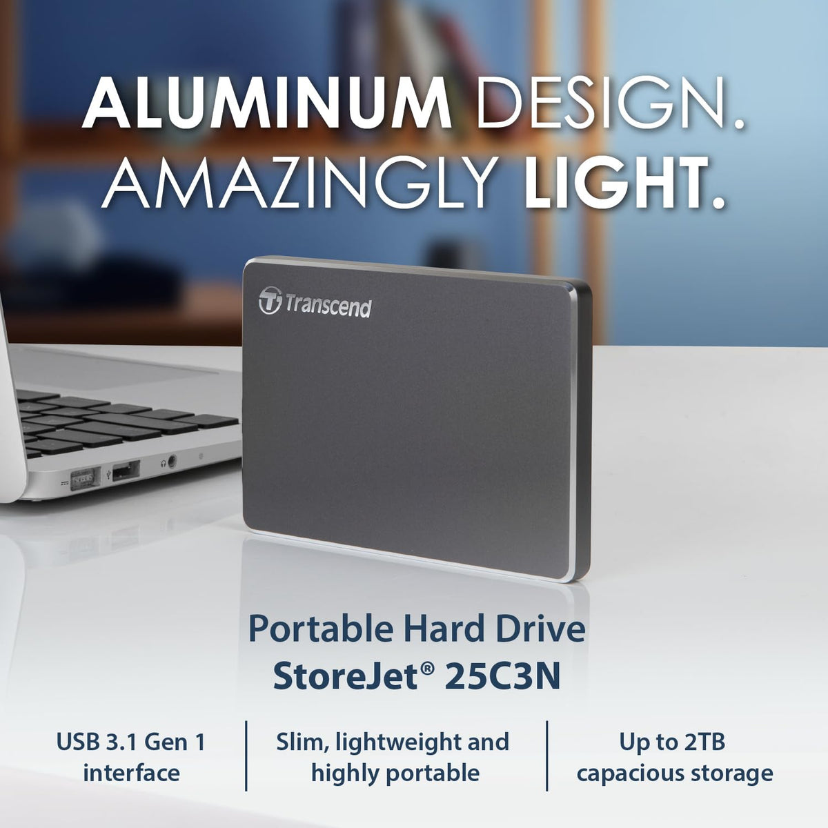 Transcend 1TB StoreJet 25C3N Portable HDD, Sleek Aluminum Case, Type-A